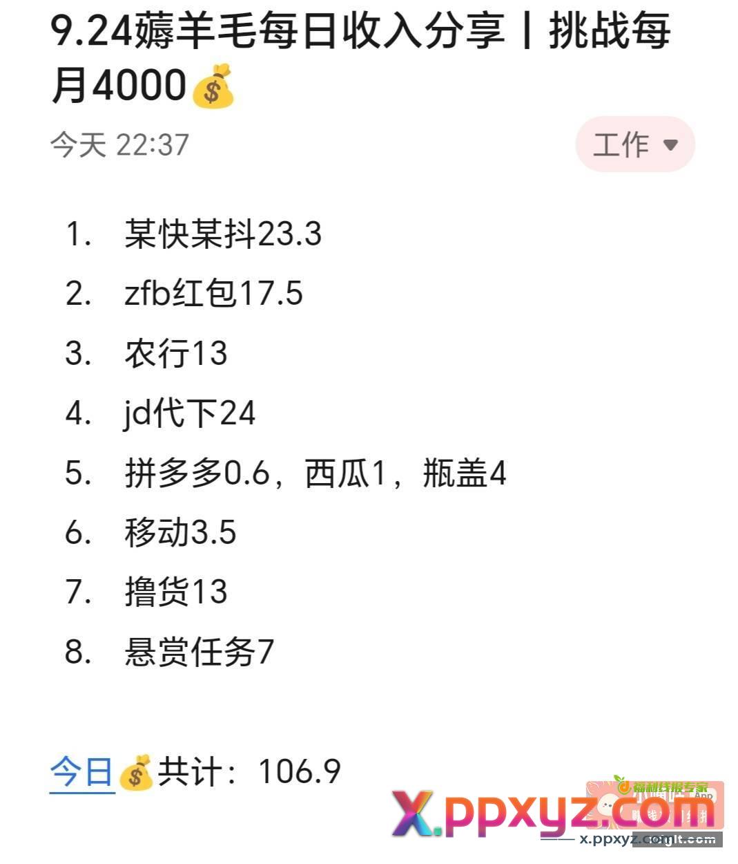 9.24薅羊毛每日收入分享丨挑战每月4000​​​​ - PPXYZ资源网