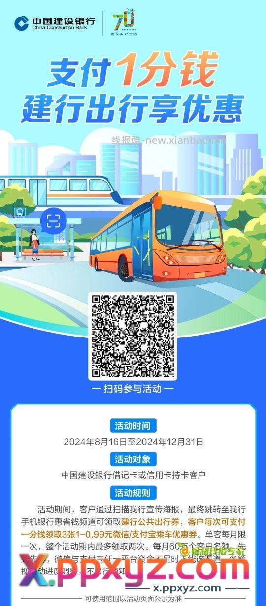 建行活动 支付0.01元领取0.99元微信或者支付宝乘车优惠劵。 - PPXYZ资源网