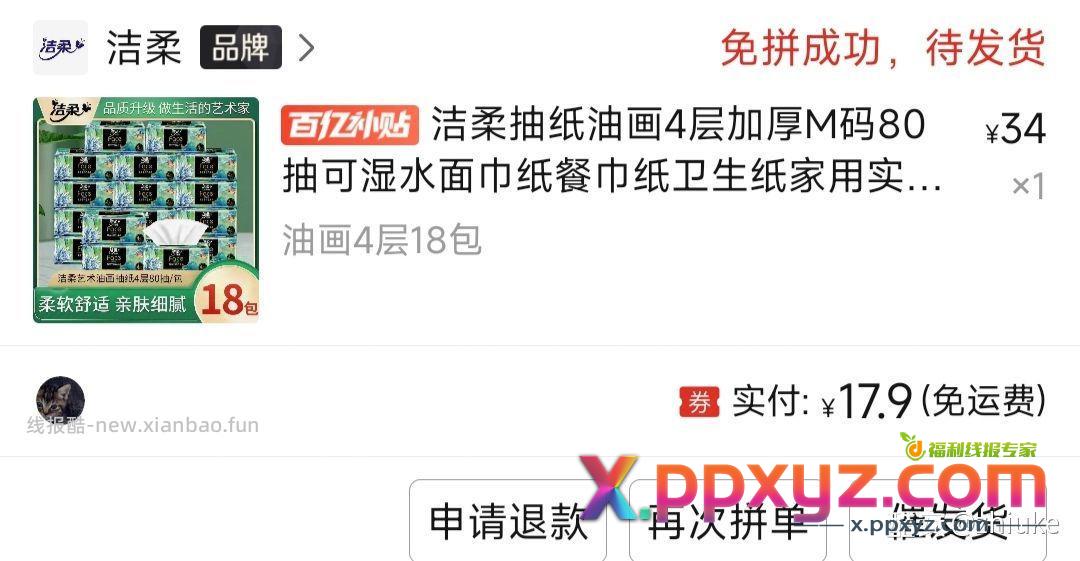 拼多多百亿补贴加倍补 洁柔油画18元18包 - PPXYZ资源网