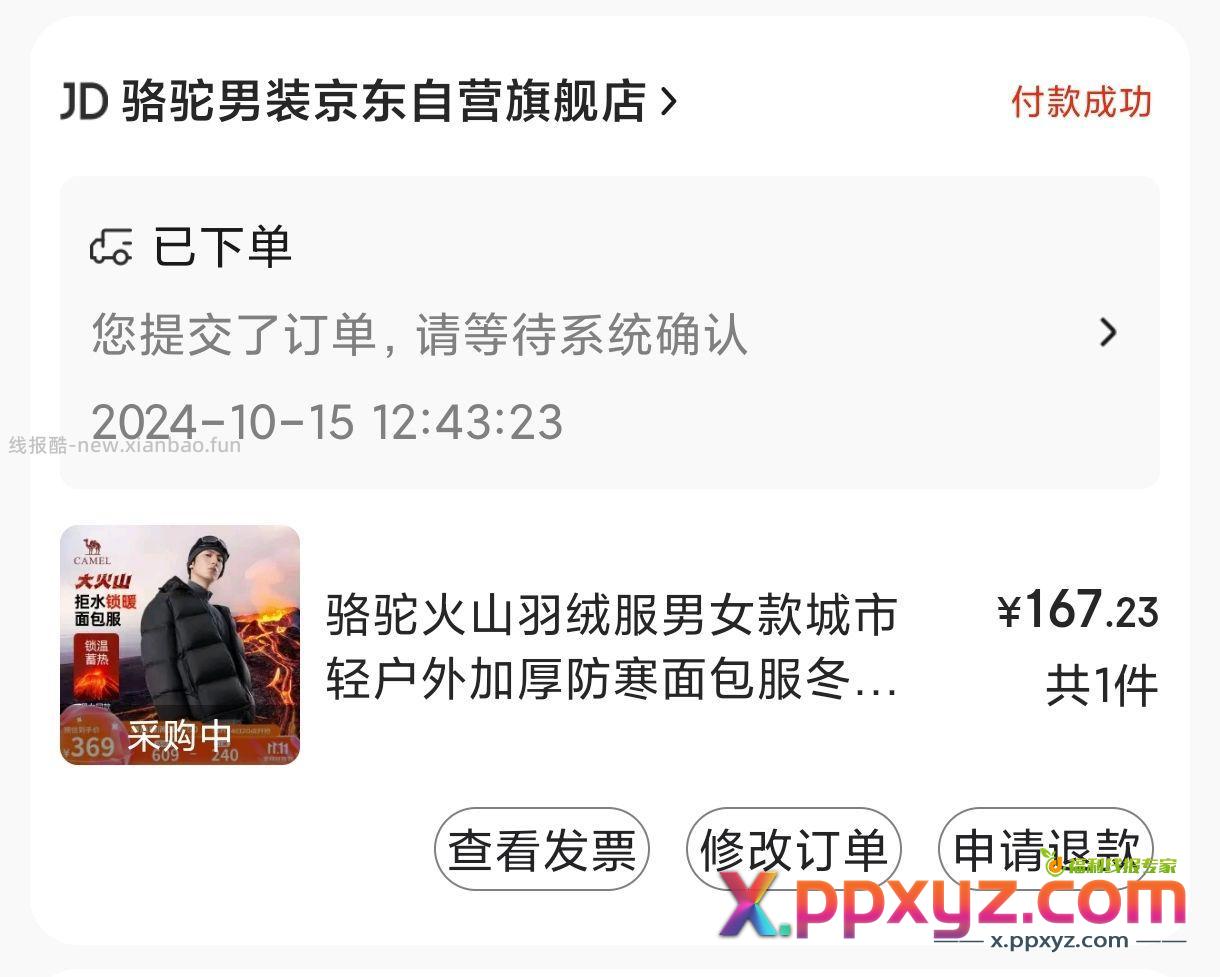 骆驼羽绒服 最终实付167 - PPXYZ资源网